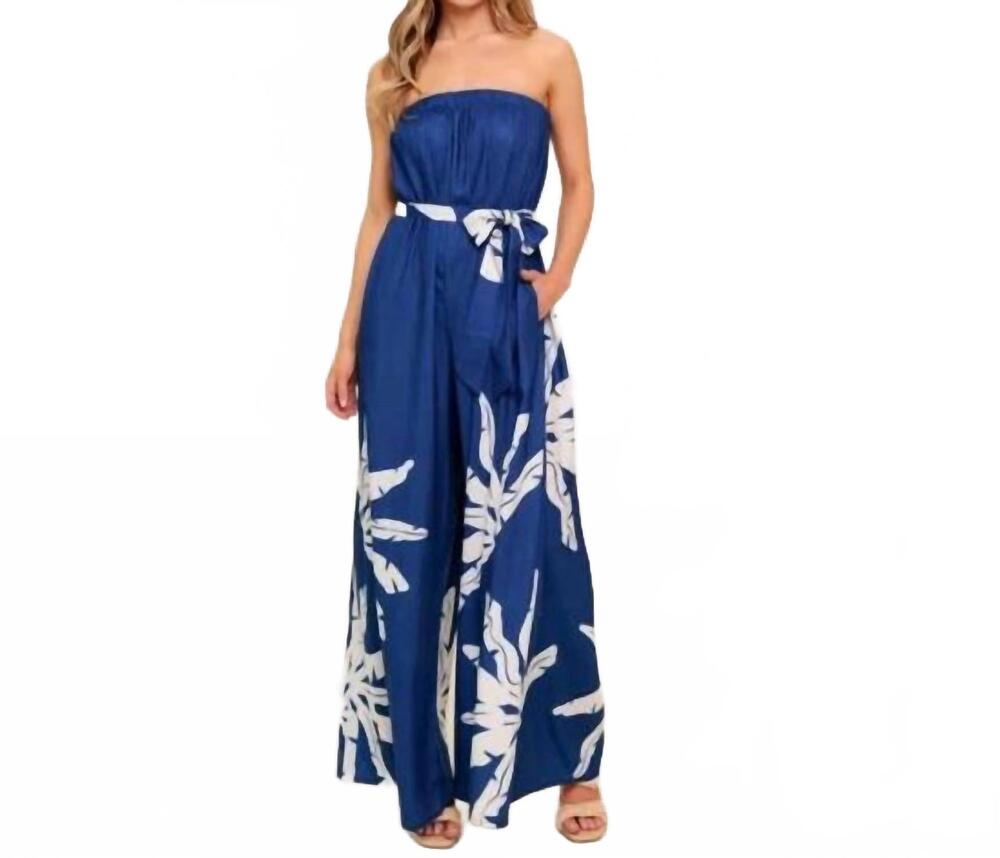 NEW FLYING TOMATO tropical strapless wide leg jumpsuit in royal blue